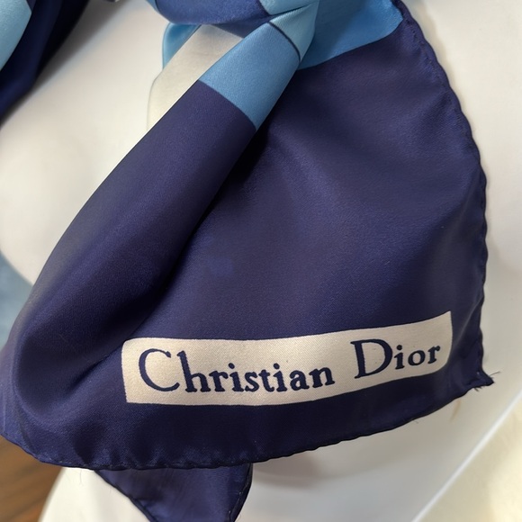 Women's CHRISTIAN DIOR Vintage Blue White Geometric Art Rectangular Scarf 43x13 - Picture 10 of 10